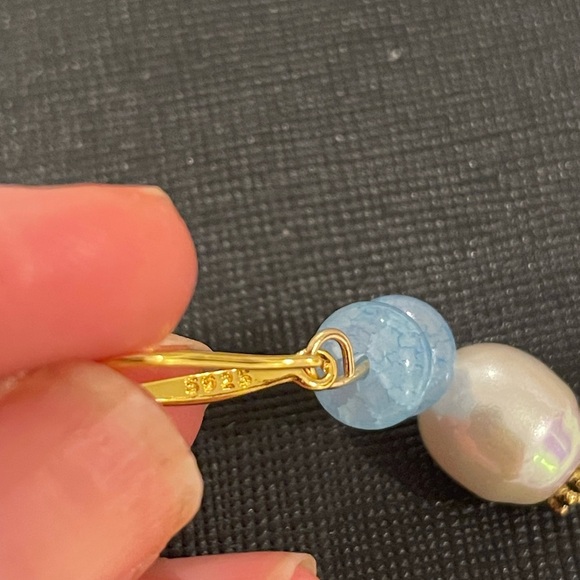 Elegant sterling 925 Gold and aquamarine Pearl Drop Earrings - Picture 9 of 10